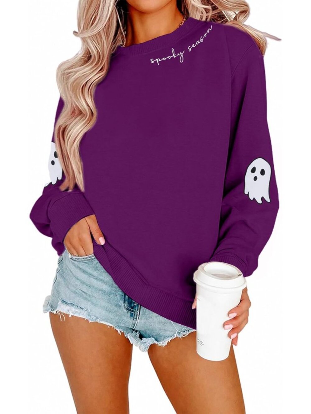 🆕 Women's Purple Spooky Season Ghost Sleeve Crewneck Halloween Sweatshirt Top